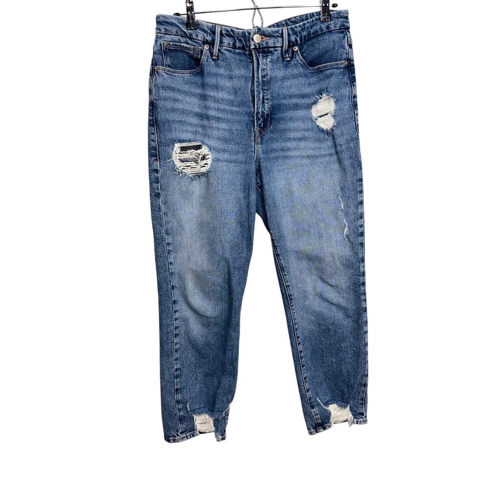 Good American Good Boy distressed blue denim jeans high rise raw hem shredded 10